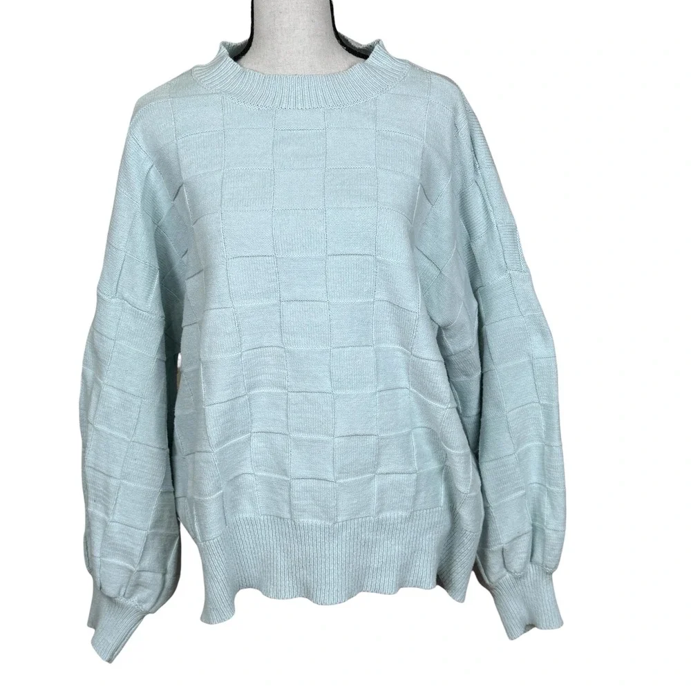 Emory Park Light Blue Checkerboard Knit Sweater Long Sleeve Mock Neck Size‎ M